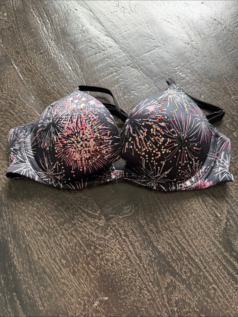 Victoria's Secret Black Bra with Pink & Gold Firework Print